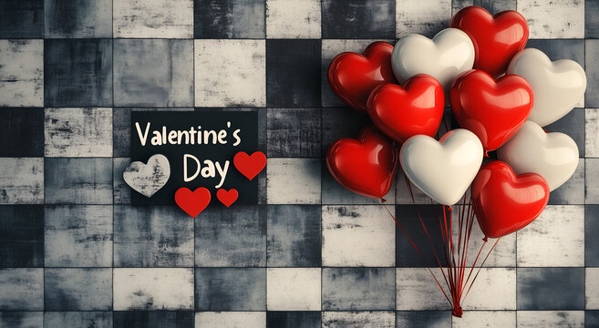 Valentine's Day sale banner with red and white heart-shaped balloons on the right side