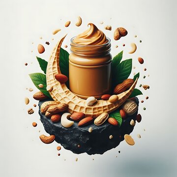 Jar of peanut butter on a white backgrounde