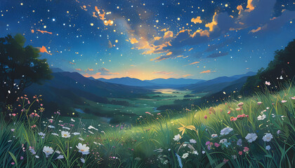 Poster - Night sky and stars above a valley