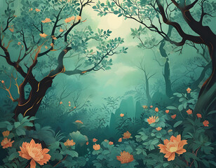 Sticker - Enchanted Forest with Blossoming Flowers