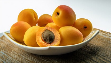 Wall Mural - A bowl of ripe apricots, one cut open to reveal the seed.  A delicious summer treat!