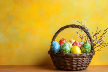 Colorful Easter eggs in wicker basket against yellow background. (1)