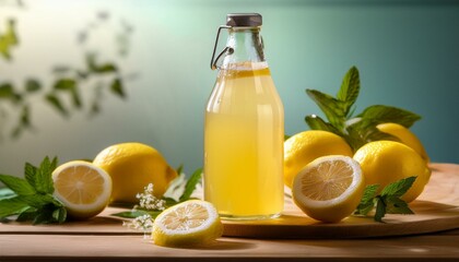 Wall Mural - Refreshing homemade lemonade in a glass bottle, surrounded by lemons and mint.