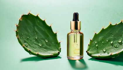 Canvas Print - Cactus extract serum bottle. Hydrating skincare product. Green background.