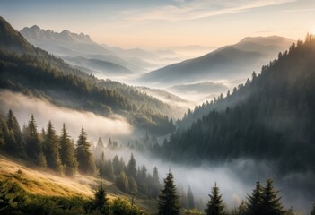  Sunrise over Misty Mountain Valley with Fog Rolling Through Coniferous Forest