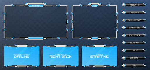 Wall Mural - Futuristic Stream Overlay Webcam Screen Frame and Stream Alert GUI Panels in Metallic Black, Silver, and Sky Blue Color-Themed for Gaming and Live Video Streaming Platforms