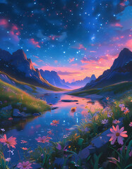 Poster - Mountain River Under Starry Sky