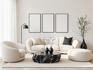 Wall Mural - Living room home wall poster mockup art frame in a minimalist Japandi interior. Interior mockup with modern living room decor