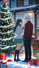 Wall Mural - Anime couple decorating a Christmas tree background illustration cartoon design manga