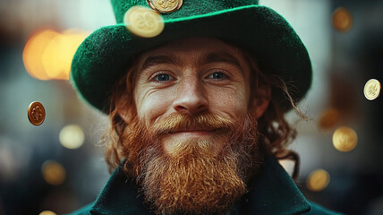 Wall Mural - The man in the green hat. falling gold coins. St. Patrick's Day.