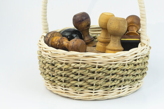 wood stamps in basket