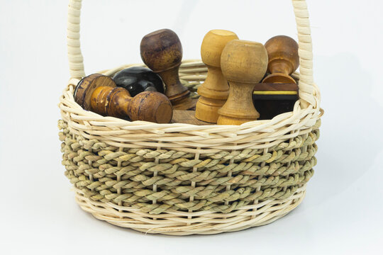 wood stamps in basket