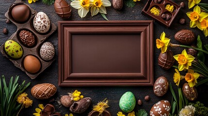 Sticker - Easter chocolate eggs, flowers and empty frame bordering dark background