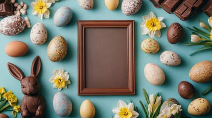 Sticker - Easter frame mockup surrounded by chocolate eggs and spring flowers