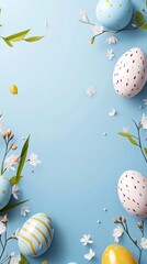 Sticker - Easter eggs and spring flowers creating a frame on light blue background