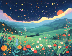 Poster - Night sky over a field of wildflowers