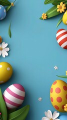Poster - Colorful easter eggs and spring flowers creating a festive border on light blue background