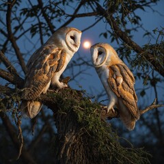 Wall Mural - A pair of barn owls cuddling on a tree branch at twilight.