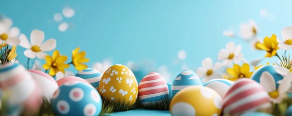 Poster - Colorful easter eggs hiding in spring flowers on blue background