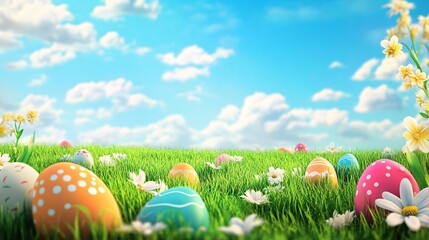 colorful easter eggs hiding in green grass under blue sky