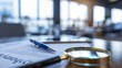 © GioGio - Close-up of a neatly organized stack of insurance documents with a magnifying glass on top, symbolizing the detailed process of insurance claims in a modern office setting.