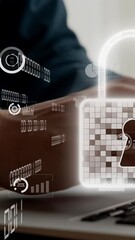Poster - businessman uses capable laptop computer to manage cyber security system for defending computer viru