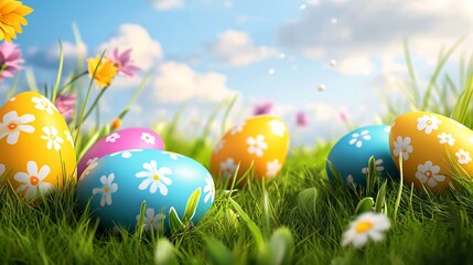 Wall Mural - Colorful easter eggs hiding in green grass under blue sky