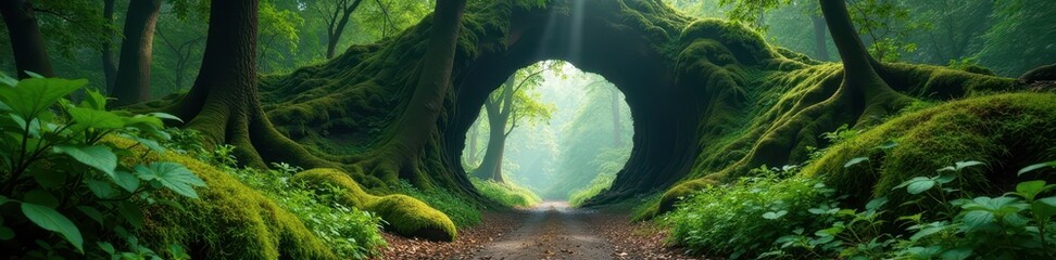 Wall Mural - Moss-covered archway formed by ancient forest giants, wild, forest, organic