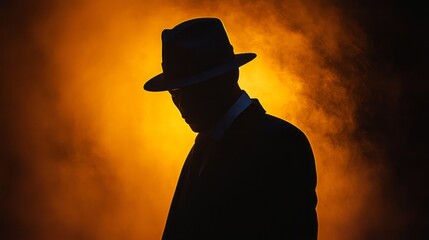 Poster - A solitary figure stands tall, shrouded in mystery. The man, wearing a classic hat, is silhouetted against a vibrant orange glow, hinting at an evening filled with secrets and intrigue