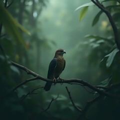 a bird is perched on a branch in a lush, green forest, its gaze directed towards the left side of th