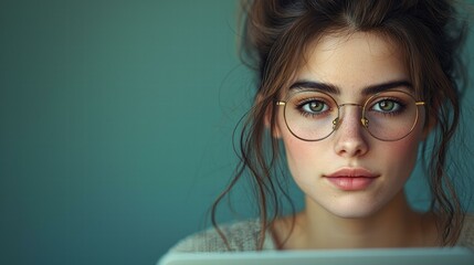 Sticker - A close-up portrait of a young woman wearing glasses. AI.