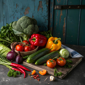 healthy vegetables on old dark background