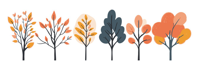 Set of tree and leaf collection hand drawn flat design vector element. botanical set of bare trees and ones with leaves and lush green