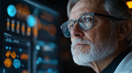 Poster - An experienced doctor with glasses studies complex medical data on a screen, showcasing his expertise and dedication in a modern healthcare setting during evening hours