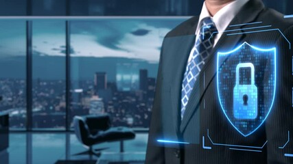 Poster - business person explore the core of cyber security. delve into cyber protection methods, threats, an