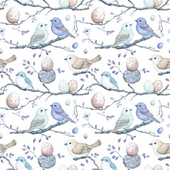 Naklejka na meble Colorful birds and decorative eggs on a delicate branch pattern in soft pastel shades for a spring-themed design