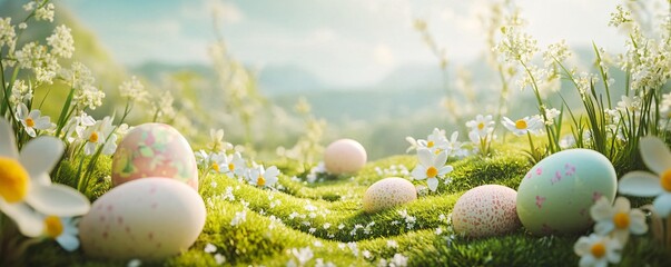 Wall Mural - Easter eggs lying on green grass with white flowers