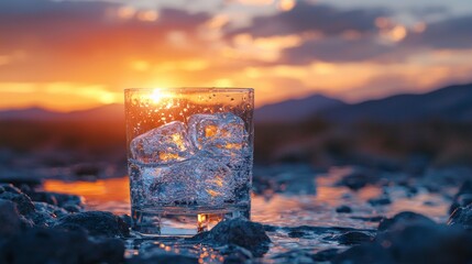 Poster - Water is elegantly poured into a glass filled with ice, glimmering under the warm hues of a sunset. This tranquil moment unfolds against a backdrop of nature's beauty and stillness