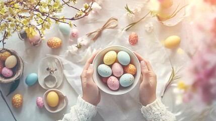 Poster - Woman holding bowl of colorful easter eggs with spring flowers