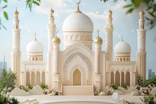 Eid al-Adha theme with mosque decorations . An elegant Arabic-style room adorned with intricate gold decorations, showcasing rich cultural artistry and opulence.