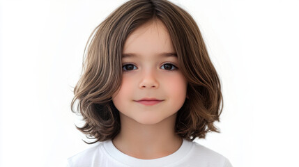 Wall Mural - 5 year old boy with shoulder length dark brown hair, looking directly at camera with calm expression. background is plain white, emphasizing his features