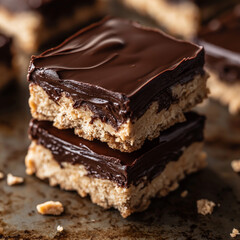 Wall Mural - Close-Up of Stacked No-Bake Peanut Butter Bars with Chocolate Topping