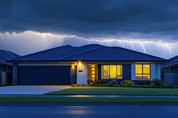 Wall Mural - electric storm casting vivid bolts above a home in the suburbs . a house illuminated by a dramatic l
