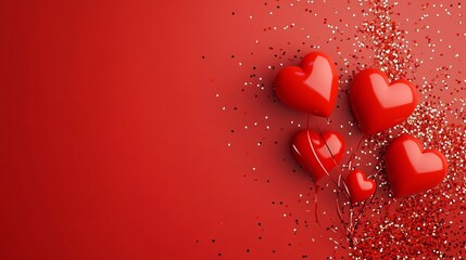 Poster - Red heart shaped balloons floating on a red background with glitter