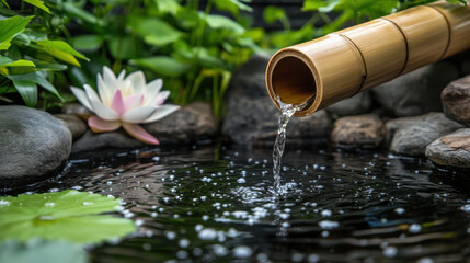 Wall Mural - bamboo spout pours water into serene pond surrounded by lush greenery and lotus flowers, creating tranquil atmosphere