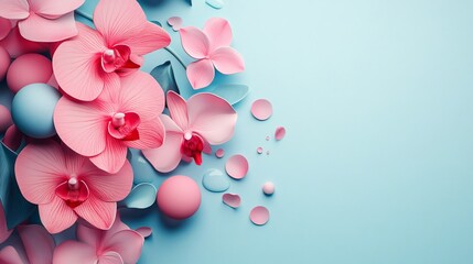 Aufkleber - Pink orchids and spheres creating a stunning floral arrangement on blue background