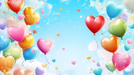 Poster - Colorful heart-shaped balloons floating in a sunny sky