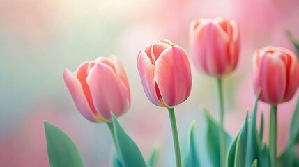 Poster - Pink tulips blooming in soft pastel colors background