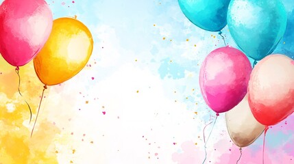 Poster - Colorful balloons floating on a watercolor background