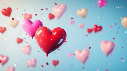 Poster - Red and pink heart balloons floating on light blue background with confetti